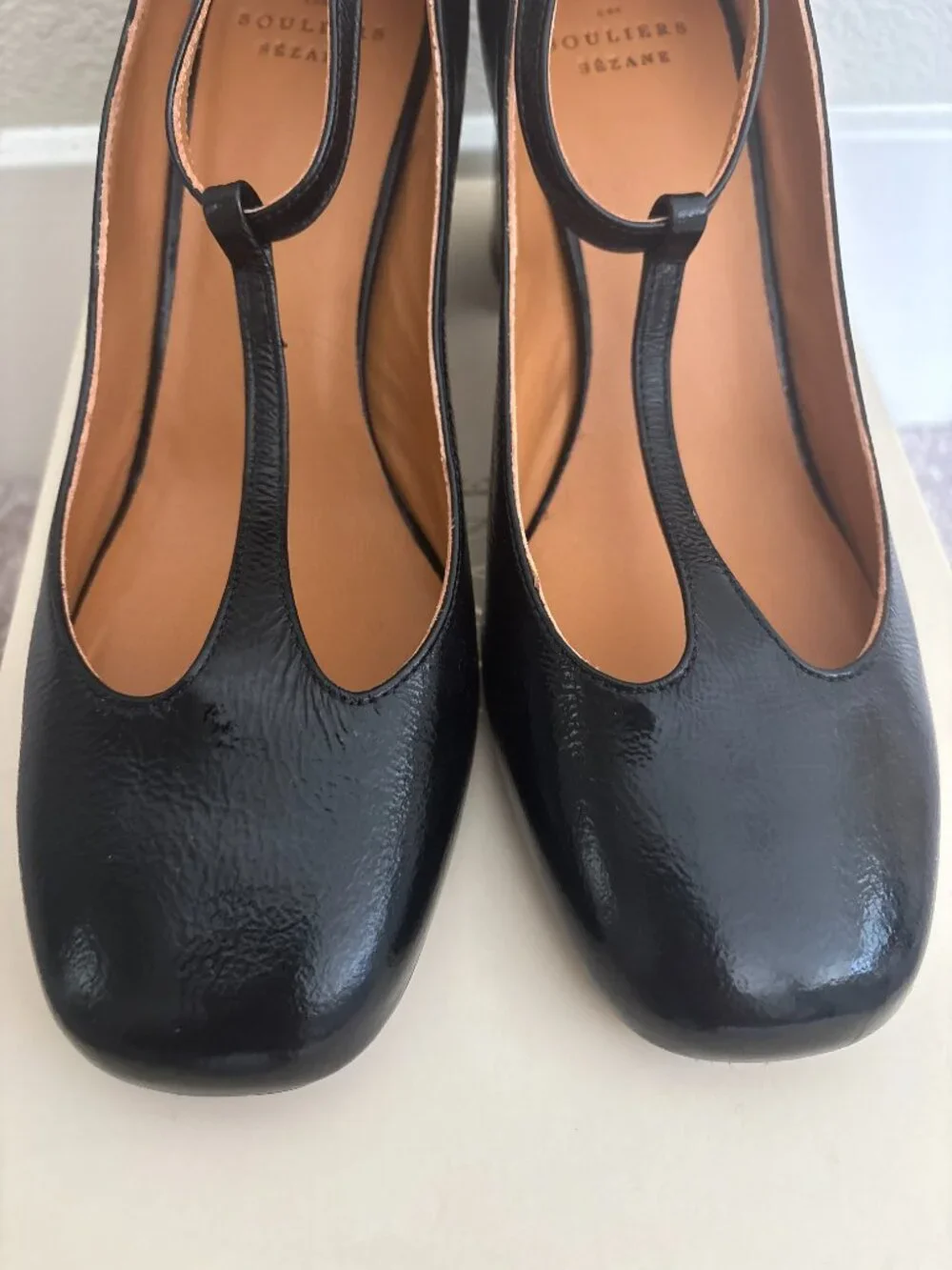 NEW Sezane Marcy Mary Jane Heels Sz 38 Black Goat Patent Leather